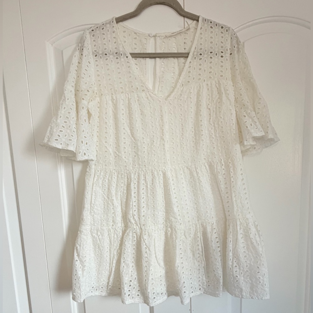 White Eyelet Babydoll Mini Dress Boho Cottagecore Pockets Size S